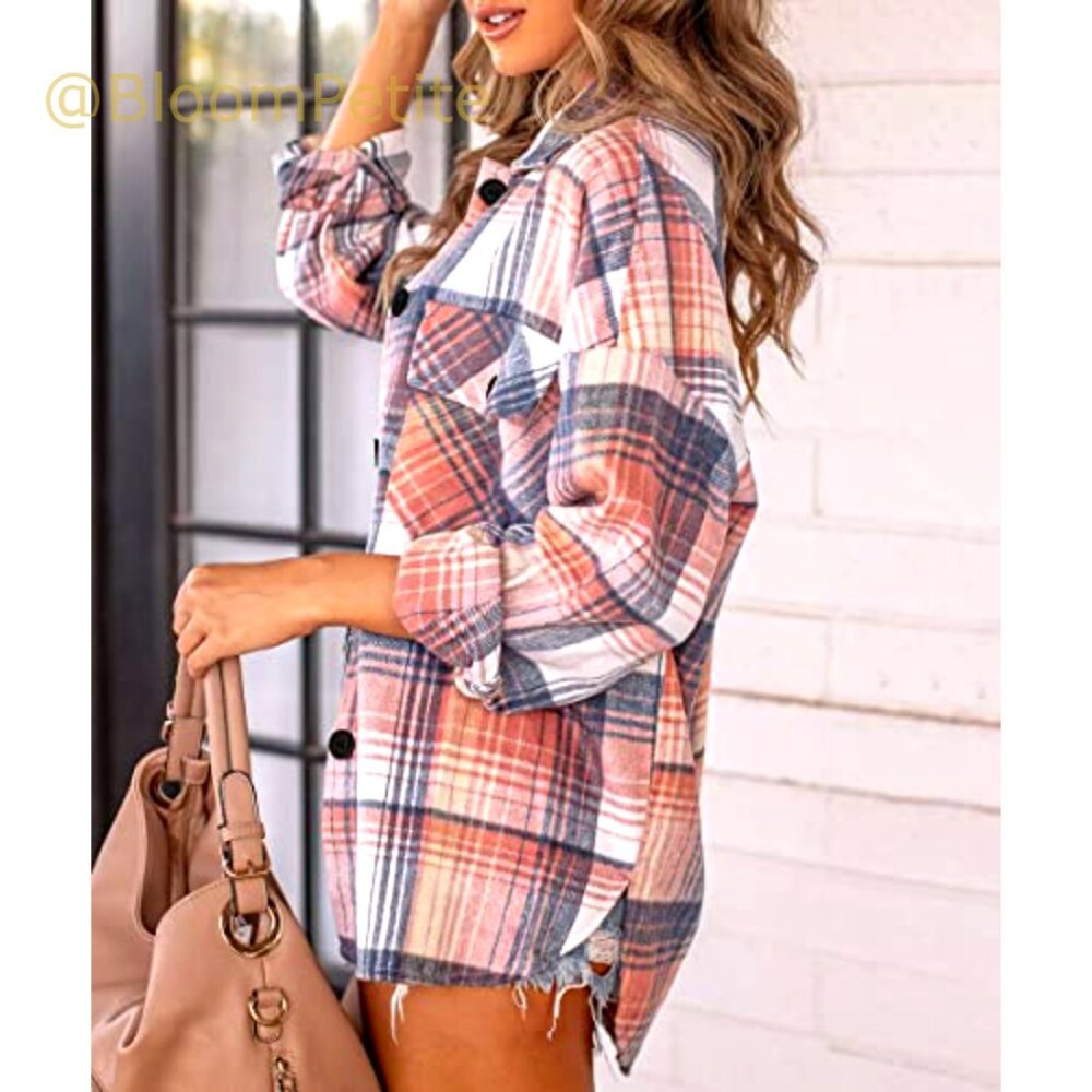 Soft Plaid Flannel Shacket, Button-Down Shirt wit… - image 3